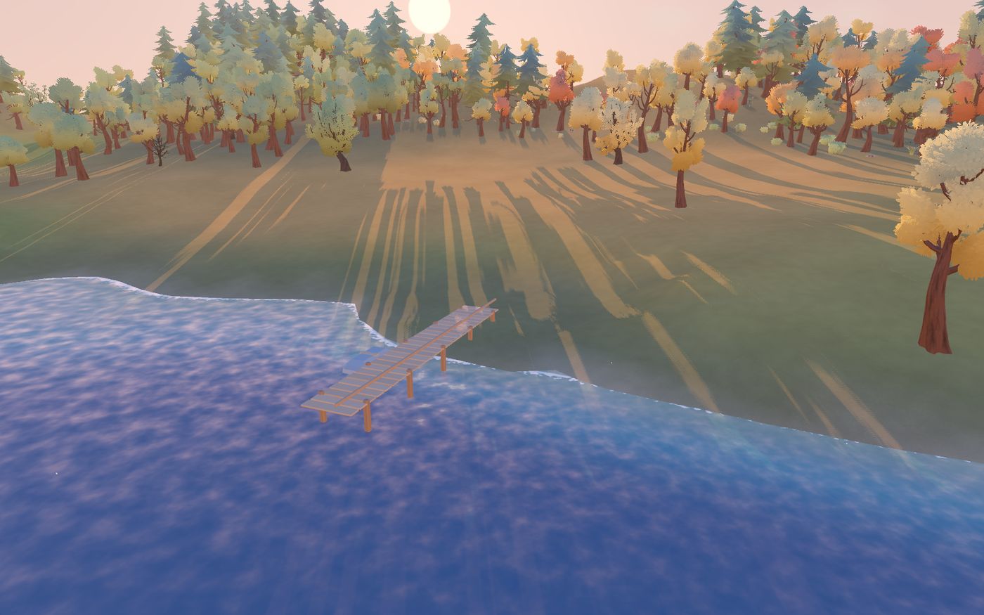 Golden hour at the lake pier with long tree shadows.